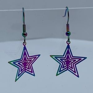 NWT. Handmade Shimmering Iridescent Rainbow Metal Star Earrings!